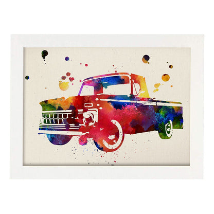 Poster de Vieja camioneta con diseño acuarela. Mix de láminas con estilo acuarela-Artwork-Nacnic-A4-Marco Blanco-Nacnic Estudio SL