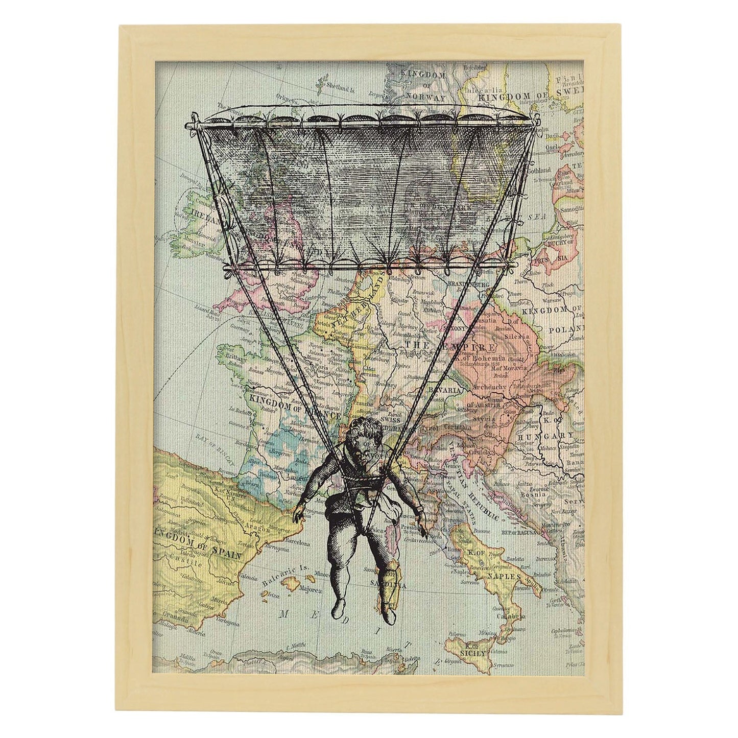 Poster de Volando sobre Europa. Láminas de mapas del mundo. Decoración con mapas e imágenes vintage.-Artwork-Nacnic-A3-Marco Madera clara-Nacnic Estudio SL