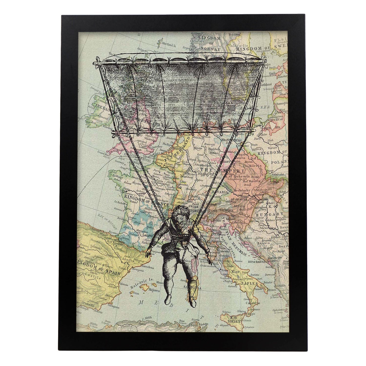 Poster de Volando sobre Europa. Láminas de mapas del mundo. Decoración con mapas e imágenes vintage.-Artwork-Nacnic-A3-Marco Negro-Nacnic Estudio SL