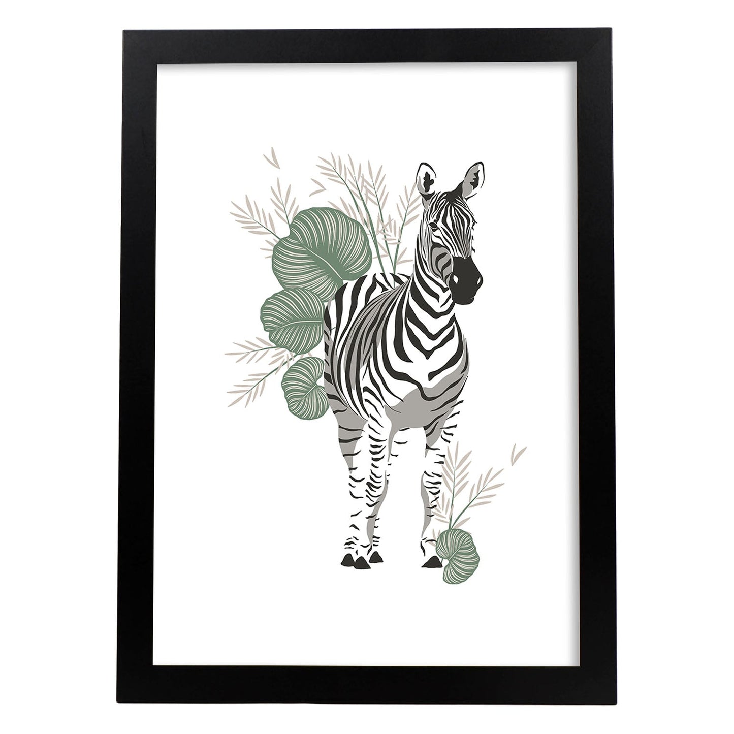 Poster de Zebra. Lámina de animal de la jungla con flores y vegetación.-Artwork-Nacnic-A3-Marco Negro-Nacnic Estudio SL