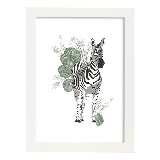 Poster de Zebra. Lámina de animal de la jungla con flores y vegetación.-Artwork-Nacnic-A4-Marco Blanco-Nacnic Estudio SL