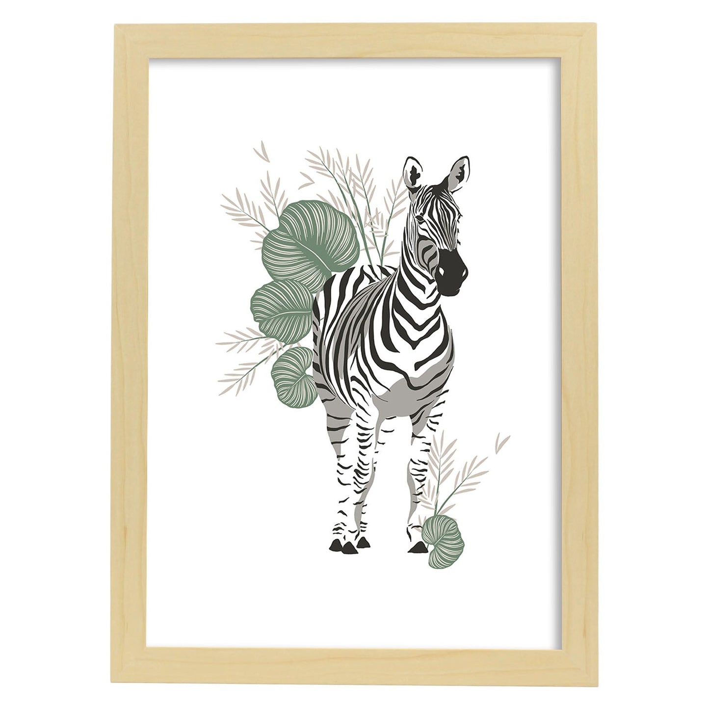 Poster de Zebra. Lámina de animal de la jungla con flores y vegetación.-Artwork-Nacnic-A4-Marco Madera clara-Nacnic Estudio SL