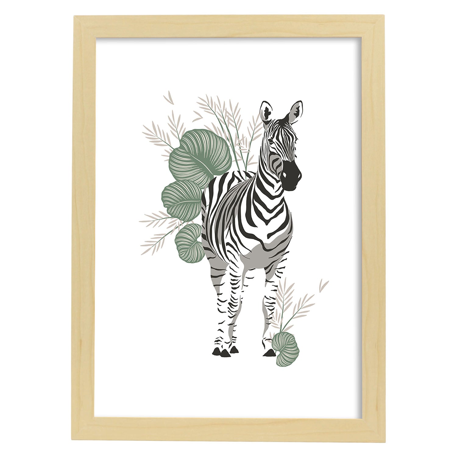 Poster de Zebra. Lámina de animal de la jungla con flores y vegetación.-Artwork-Nacnic-A4-Marco Madera clara-Nacnic Estudio SL