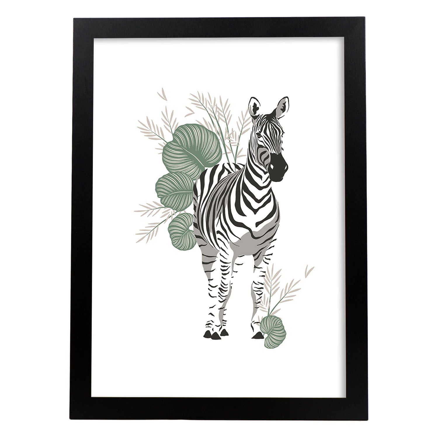 Poster de Zebra. Lámina de animal de la jungla con flores y vegetación.-Artwork-Nacnic-A4-Marco Negro-Nacnic Estudio SL