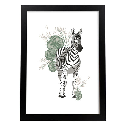 Poster de Zebra. Lámina de animal de la jungla con flores y vegetación.-Artwork-Nacnic-A4-Marco Negro-Nacnic Estudio SL
