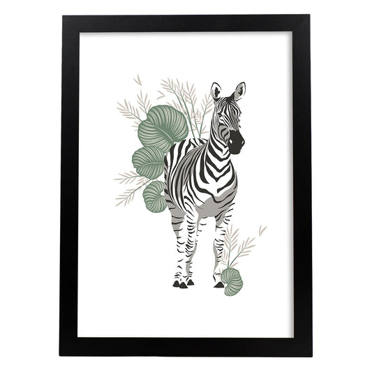 Poster de Zebra. Lámina de animal de la jungla con flores y vegetación.-Artwork-Nacnic-A4-Marco Negro-Nacnic Estudio SL