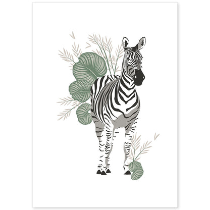 Poster de Zebra. Lámina de animal de la jungla con flores y vegetación.-Artwork-Nacnic-A4-Sin marco-Nacnic Estudio SL