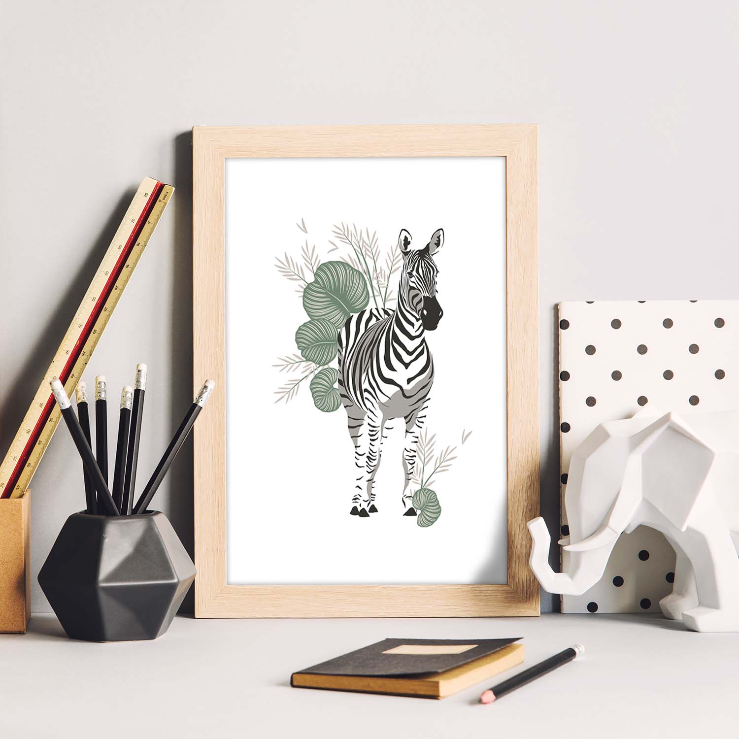 Poster de Zebra. Lámina de animal de la jungla con flores y vegetación.-Artwork-Nacnic-Nacnic Estudio SL