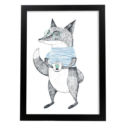 Poster de Zorro con taza de te. Lámina de animales coloridos.-Artwork-Nacnic-A4-Marco Negro-Nacnic Estudio SL