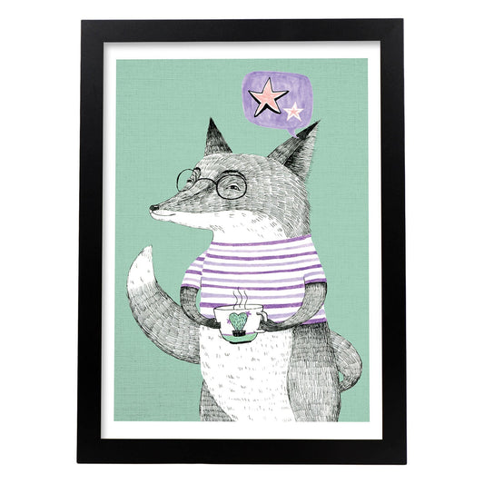 Poster de Zorro menta. Lámina de animales coloridos.-Artwork-Nacnic-A4-Marco Negro-Nacnic Estudio SL