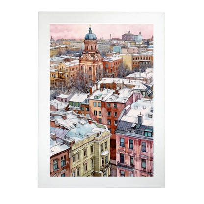 Póster de Invierno Nevado en Ciudad Rusa Pastel