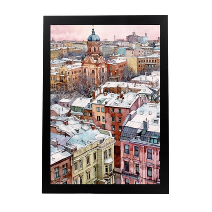 Póster de Invierno Nevado en Ciudad Rusa Pastel