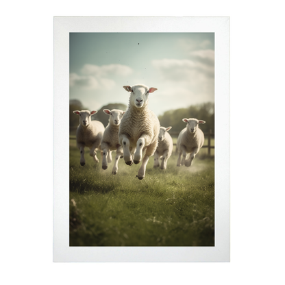 Póster de Ovejas en el Campo con Corderos Saltando
