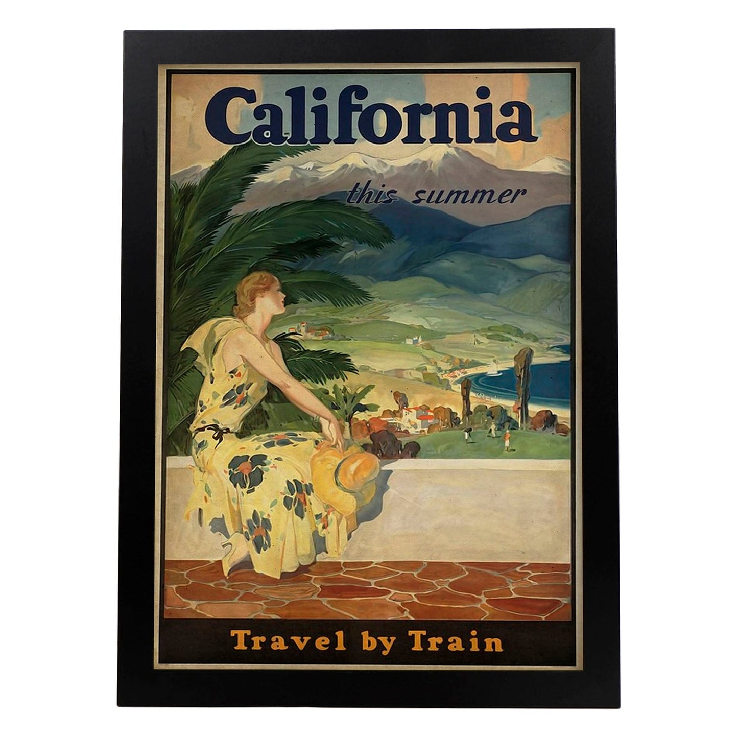 Poster vintage de California en tren. con imágenes vintage y de publicidad antigua.-Artwork-Nacnic-A3-Marco Negro-Nacnic Estudio SL