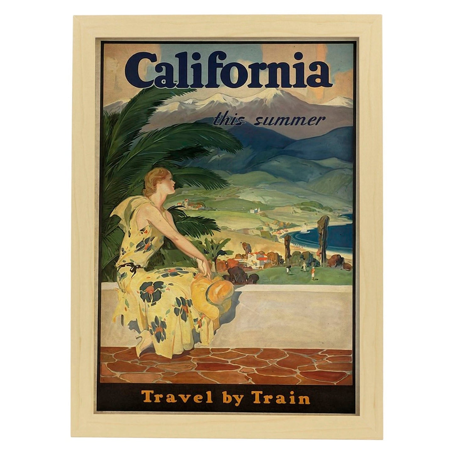 Poster vintage de California en tren. con imágenes vintage y de publicidad antigua.-Artwork-Nacnic-A4-Marco Madera clara-Nacnic Estudio SL