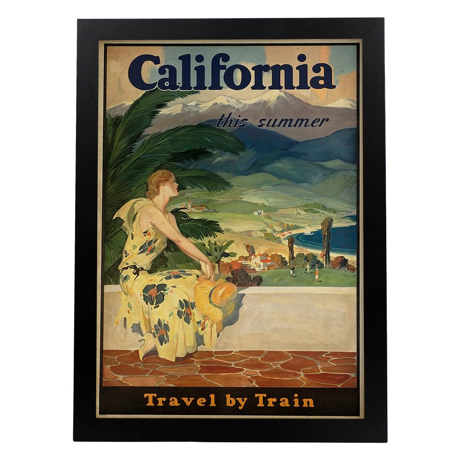 Poster vintage de California en tren. con imágenes vintage y de publicidad antigua.-Artwork-Nacnic-A4-Marco Negro-Nacnic Estudio SL