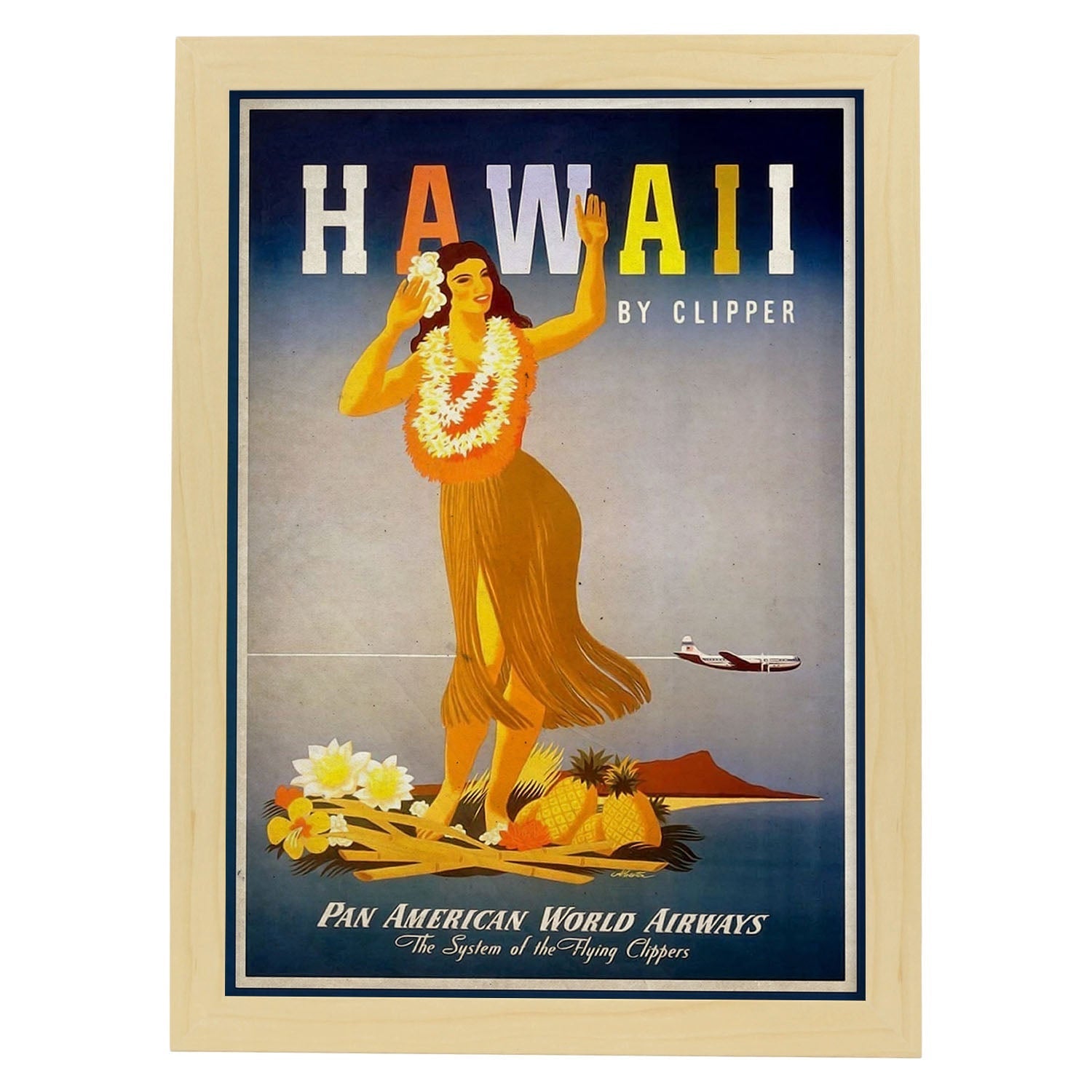 Poster vintage de Chica Hawaiana. con imágenes vintage y de publicidad antigua.-Artwork-Nacnic-A3-Marco Madera clara-Nacnic Estudio SL