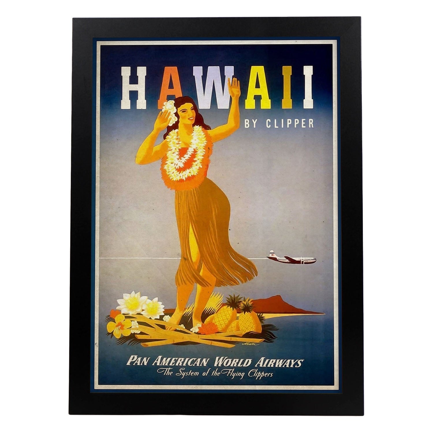 Poster vintage de Chica Hawaiana. con imágenes vintage y de publicidad antigua.-Artwork-Nacnic-A3-Marco Negro-Nacnic Estudio SL