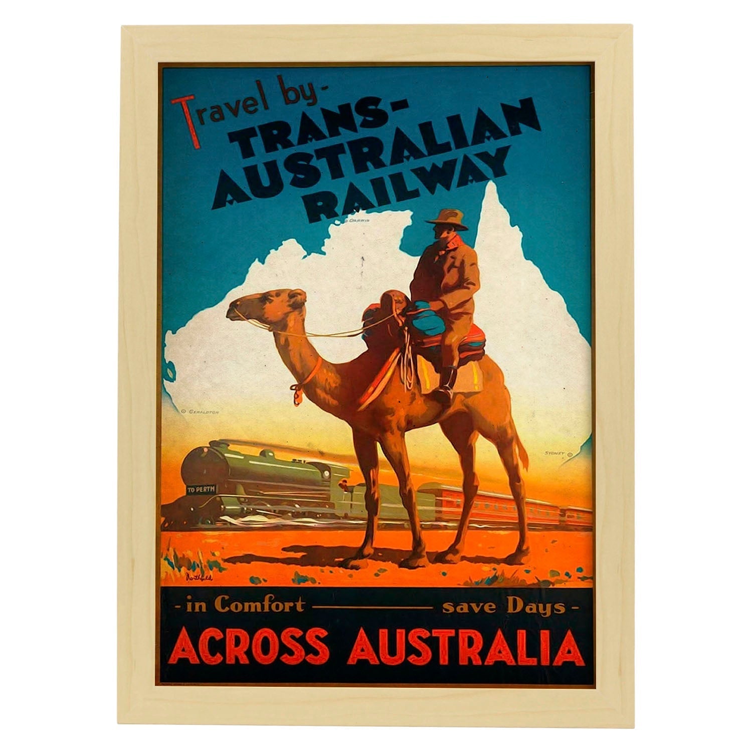 Poster vintage de Ferrocarril Australiano. con imágenes vintage y de publicidad antigua.-Artwork-Nacnic-A3-Marco Madera clara-Nacnic Estudio SL