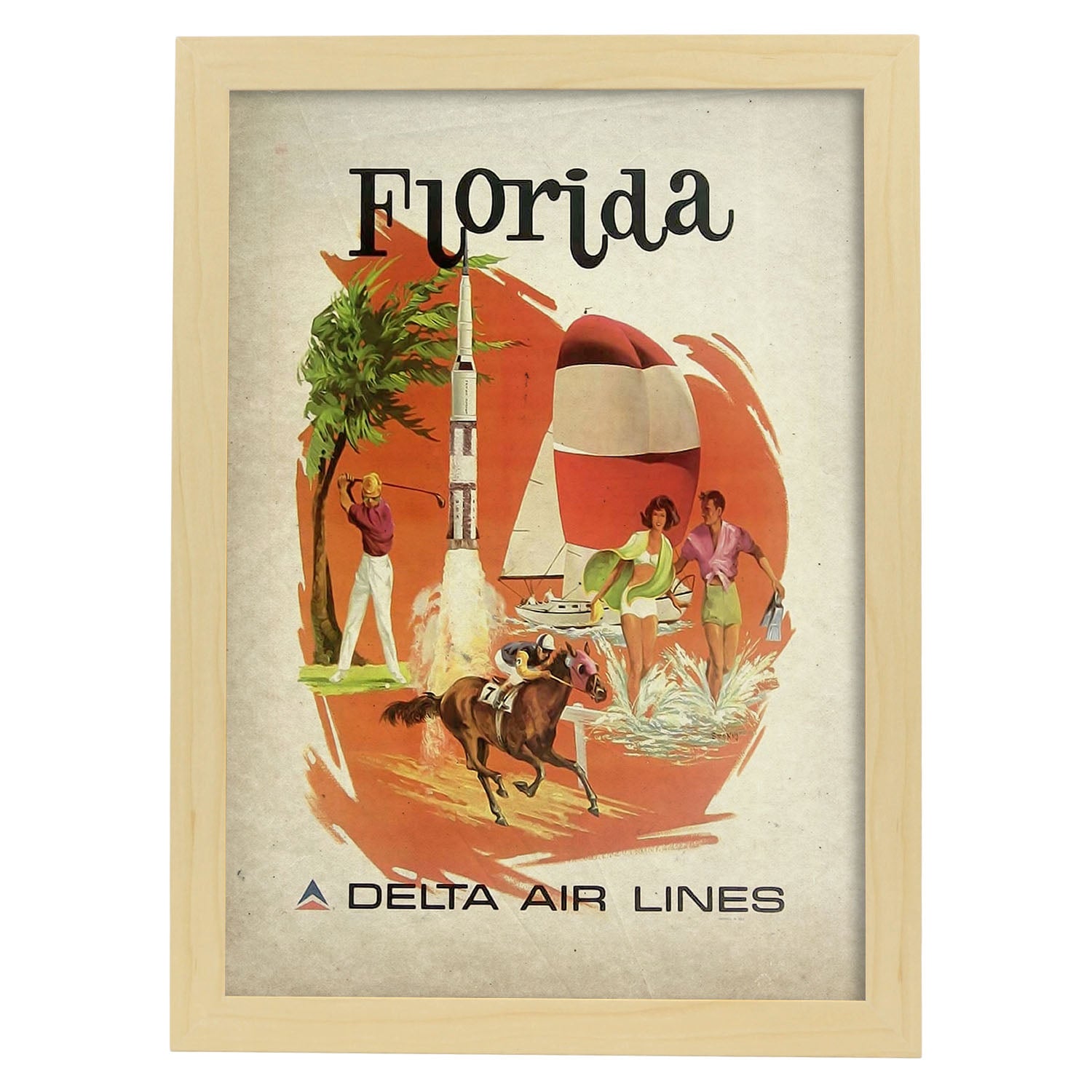 Poster vintage de Florida Air Lines. con imágenes vintage y de publicidad antigua.-Artwork-Nacnic-A4-Marco Madera clara-Nacnic Estudio SL