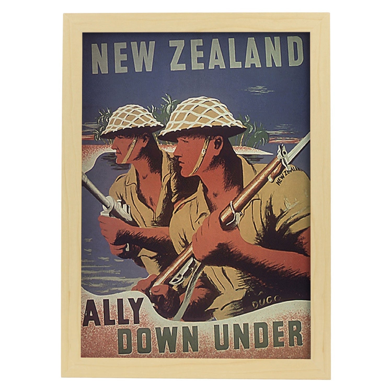 Poster vintage de Poster de guerra - Nueva Zelanda. con imágenes vintage y de publicidad antigua.-Artwork-Nacnic-A4-Marco Madera clara-Nacnic Estudio SL