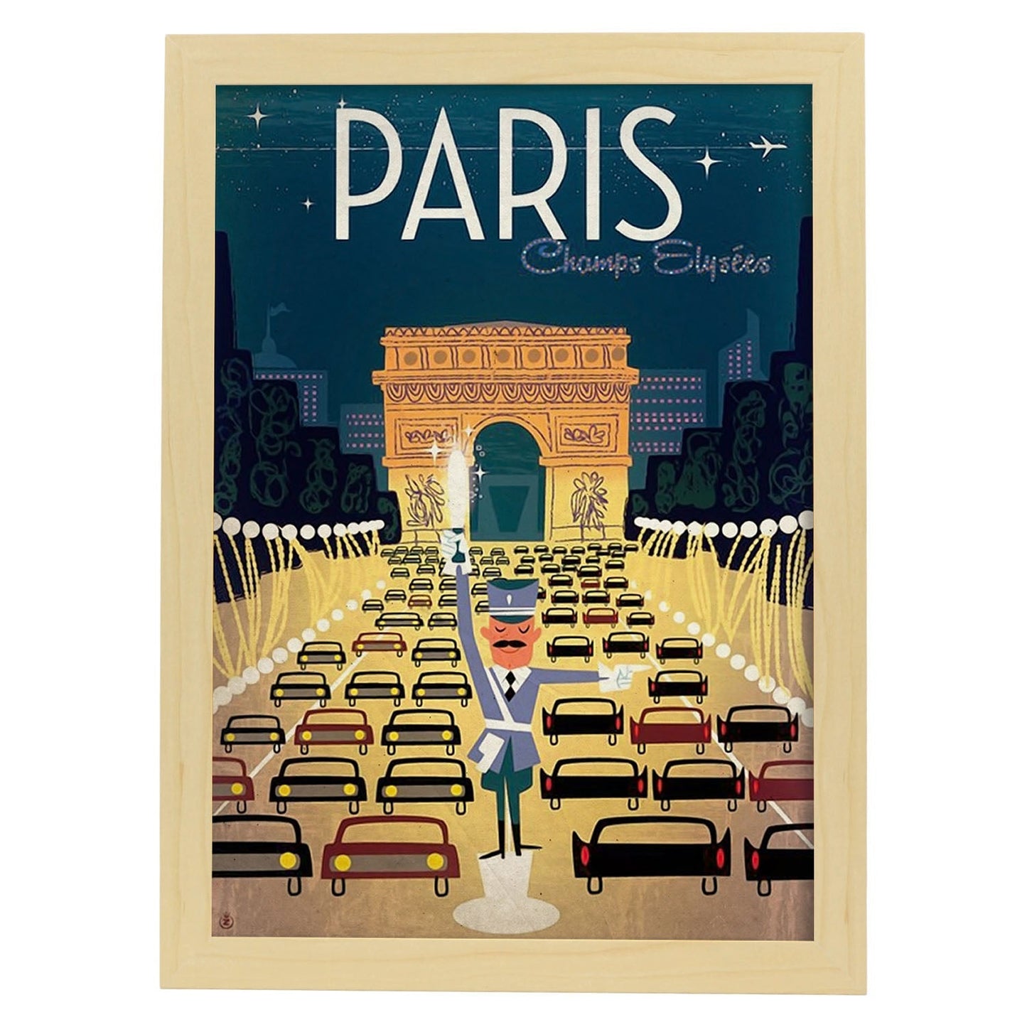 Poster vintage de Trafico en París. con imágenes vintage y de publicidad antigua.-Artwork-Nacnic-A3-Marco Madera clara-Nacnic Estudio SL