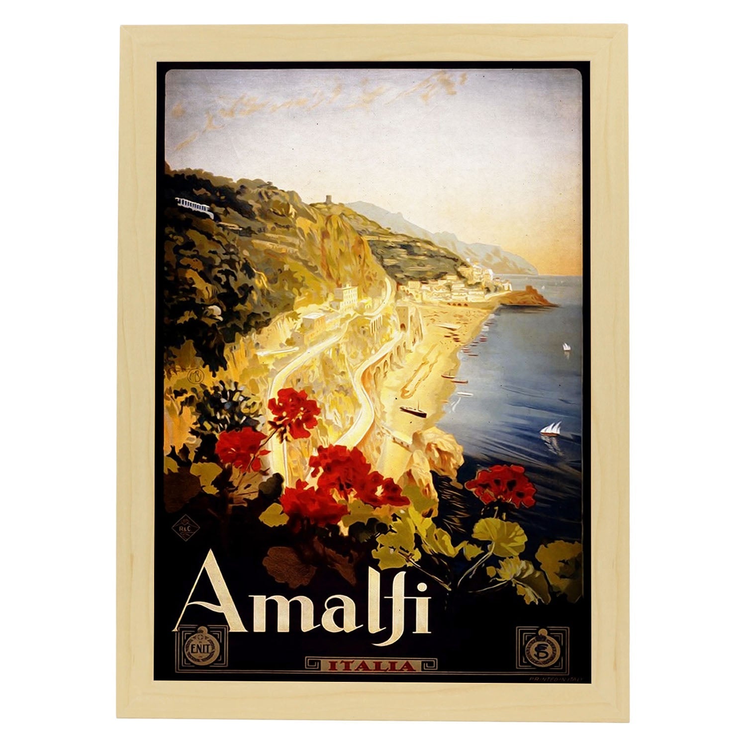 Poster vintage de Viaja a Amalfi. con imágenes vintage y de publicidad antigua.-Artwork-Nacnic-A4-Marco Madera clara-Nacnic Estudio SL