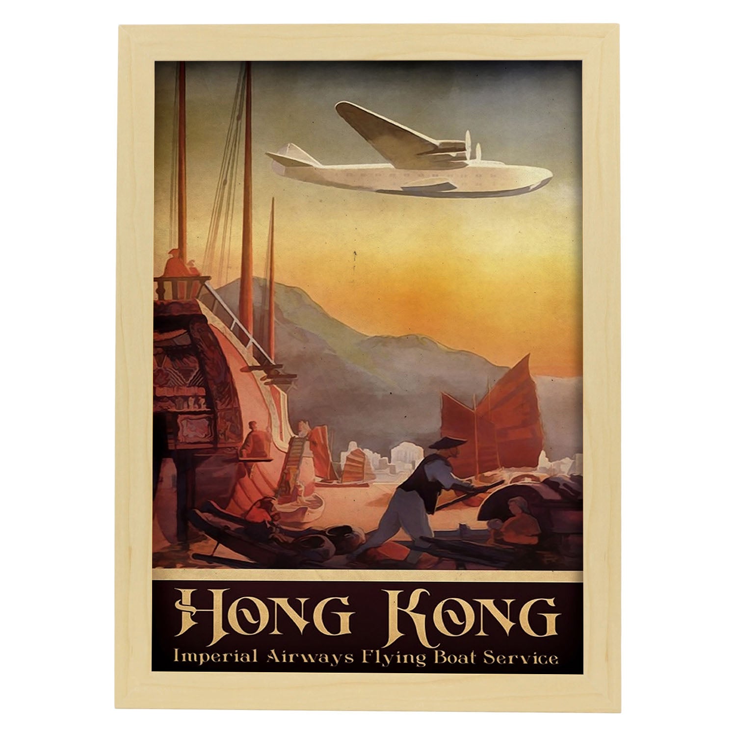 Poster vintage de Visita Hong Kong. con imágenes vintage y de publicidad antigua.-Artwork-Nacnic-A4-Marco Madera clara-Nacnic Estudio SL