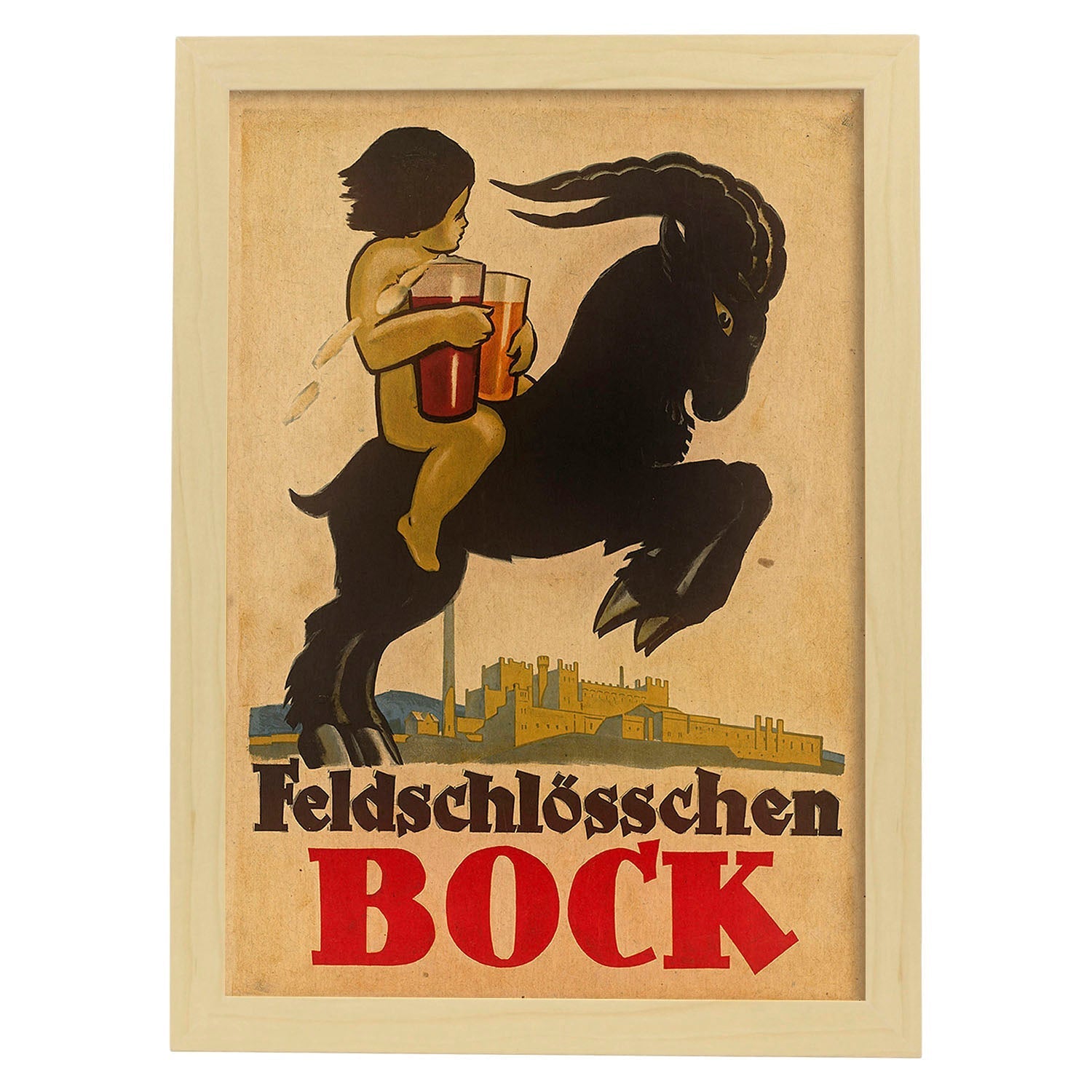 Poster vintage. Anuncio vintage de feldschlösschen BOCK.-Artwork-Nacnic-A3-Marco Madera clara-Nacnic Estudio SL