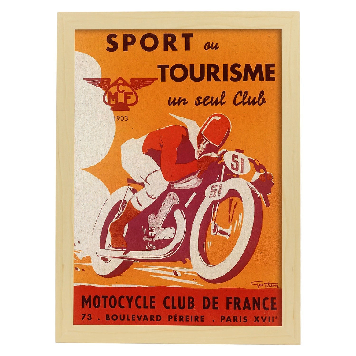 Poster vintage. Anuncio vintage del Sport ou Tourisme un seul Club Motorcycle Club de France.-Artwork-Nacnic-A3-Marco Madera clara-Nacnic Estudio SL