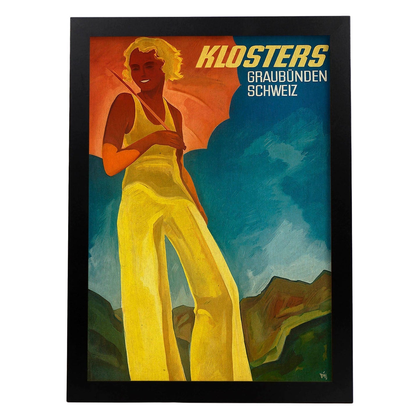 Poster vintage. Cartel anuncio de viajes con Klosters Swiss Travel de Switzerland.-Artwork-Nacnic-A3-Marco Negro-Nacnic Estudio SL
