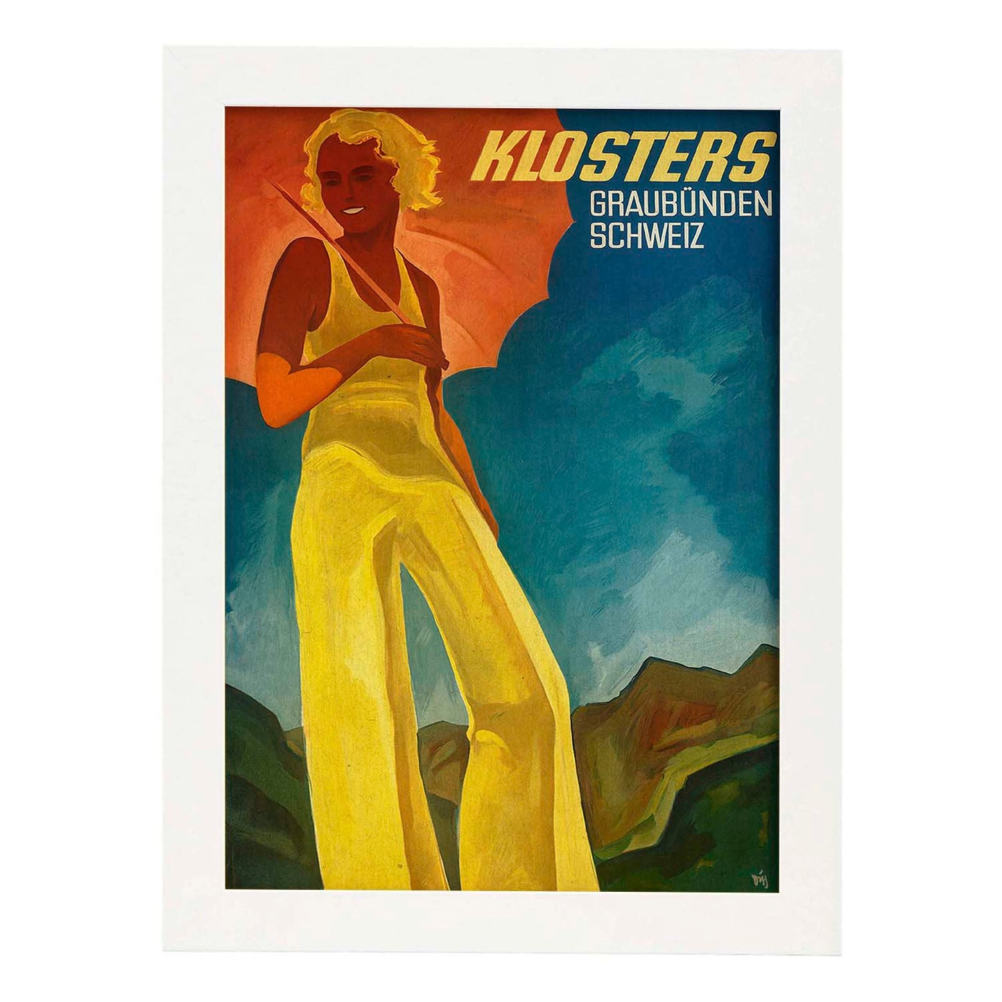 Poster vintage. Cartel anuncio de viajes con Klosters Swiss Travel de Switzerland.-Artwork-Nacnic-A4-Marco Blanco-Nacnic Estudio SL