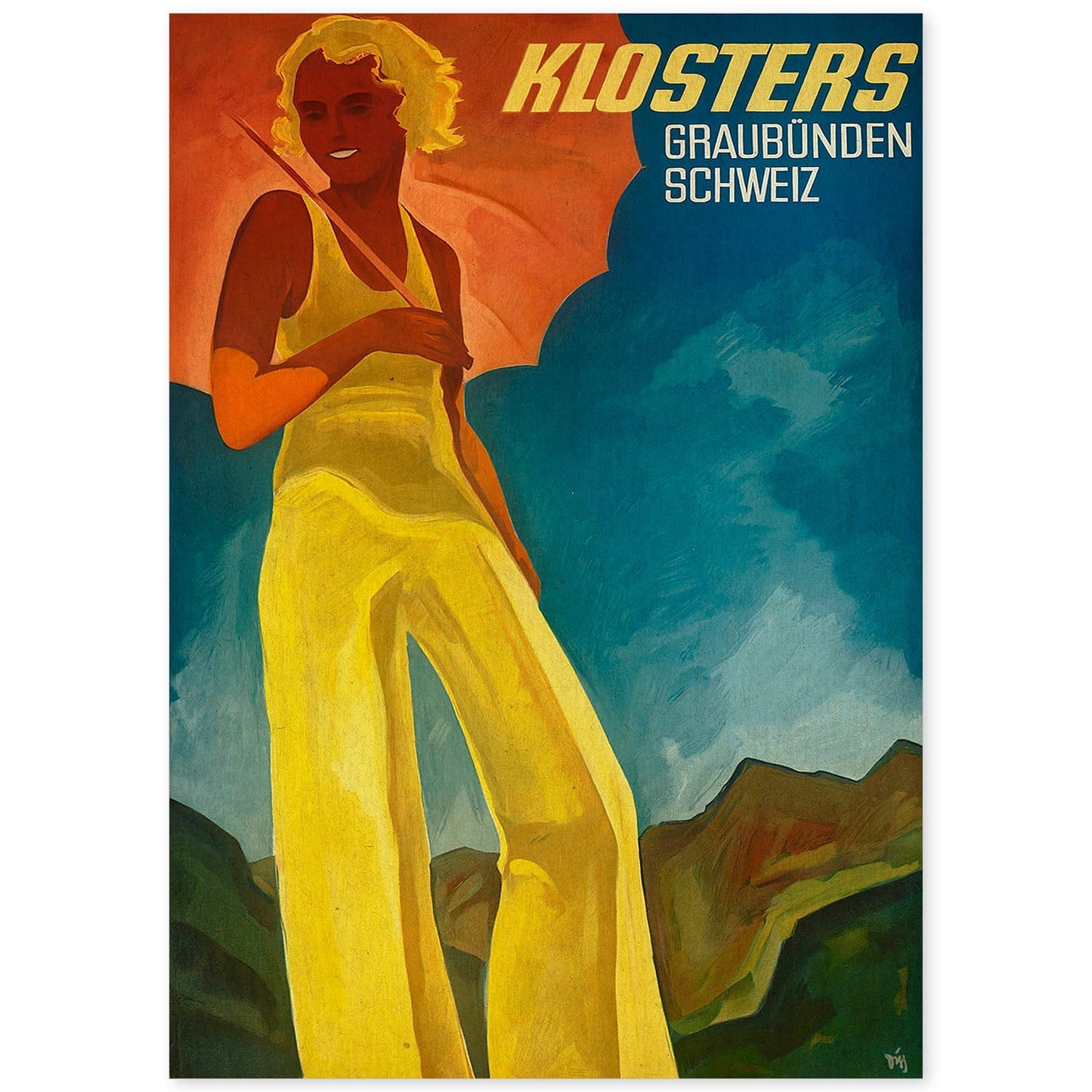 Poster vintage. Cartel anuncio de viajes con Klosters Swiss Travel de Switzerland.-Artwork-Nacnic-A4-Sin marco-Nacnic Estudio SL