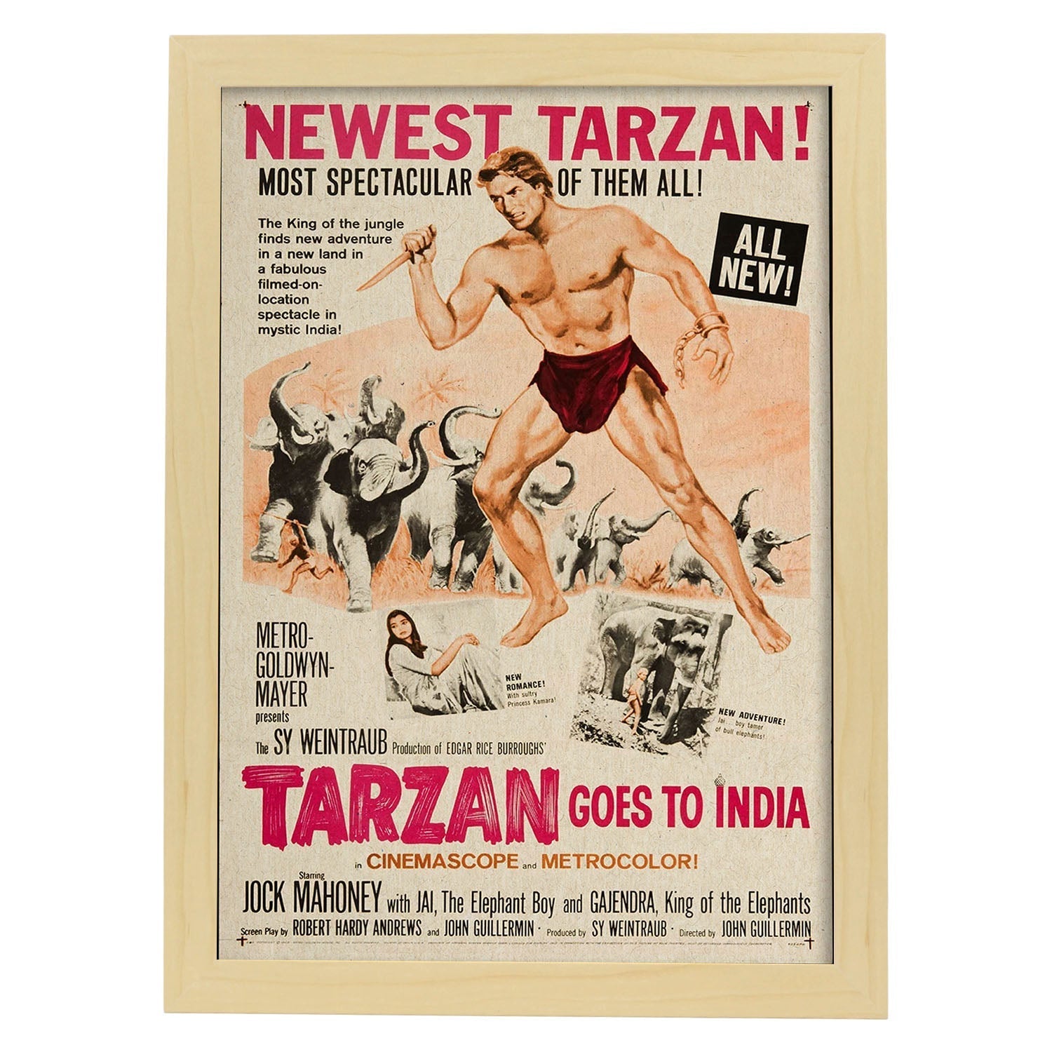 Poster vintage. Cartel cine vintage "Tarzan en india".-Artwork-Nacnic-A3-Marco Madera clara-Nacnic Estudio SL