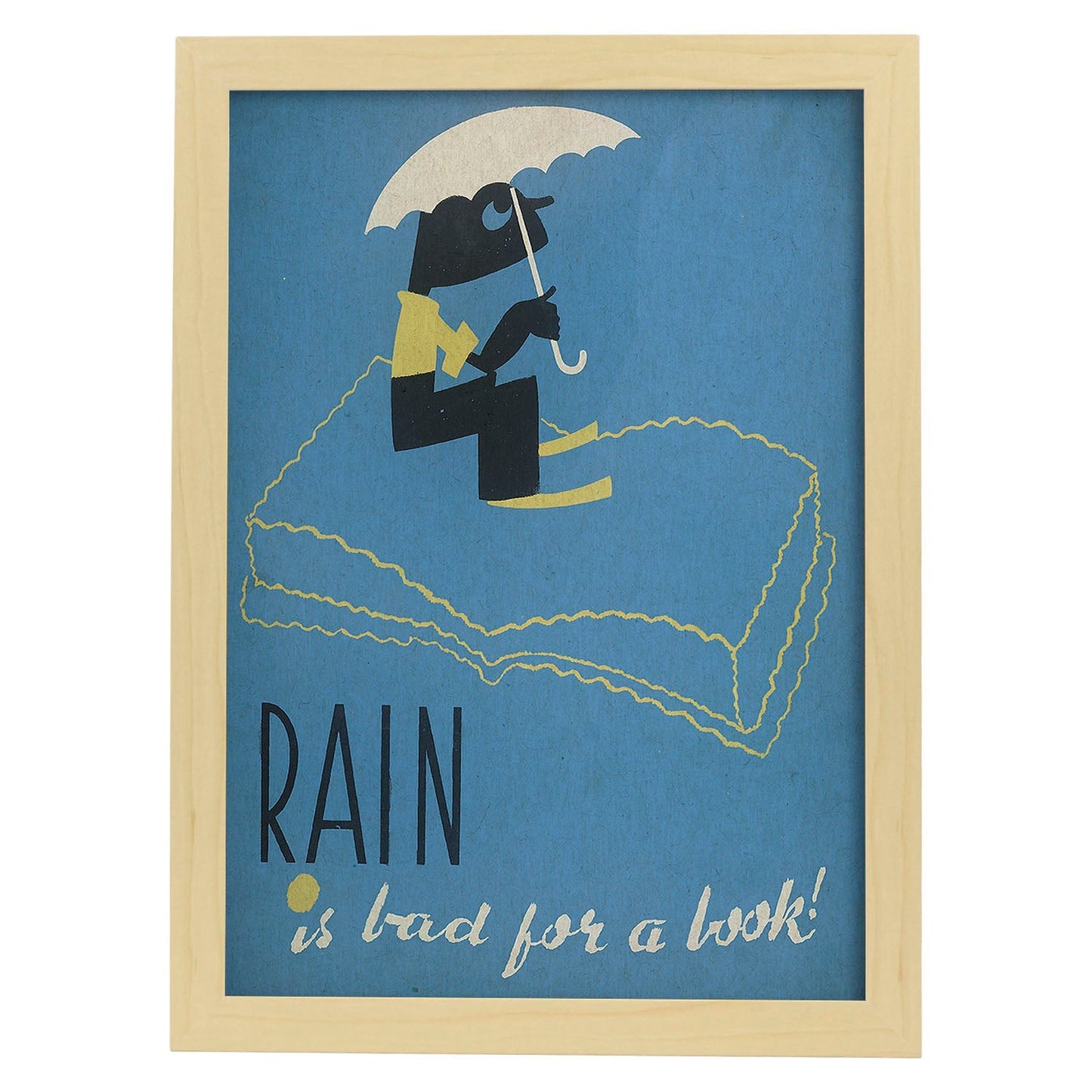 Poster vintage. Cartel de biblioteca "cuida los libros" La lluvia estropea los libros.-Artwork-Nacnic-A3-Marco Madera clara-Nacnic Estudio SL