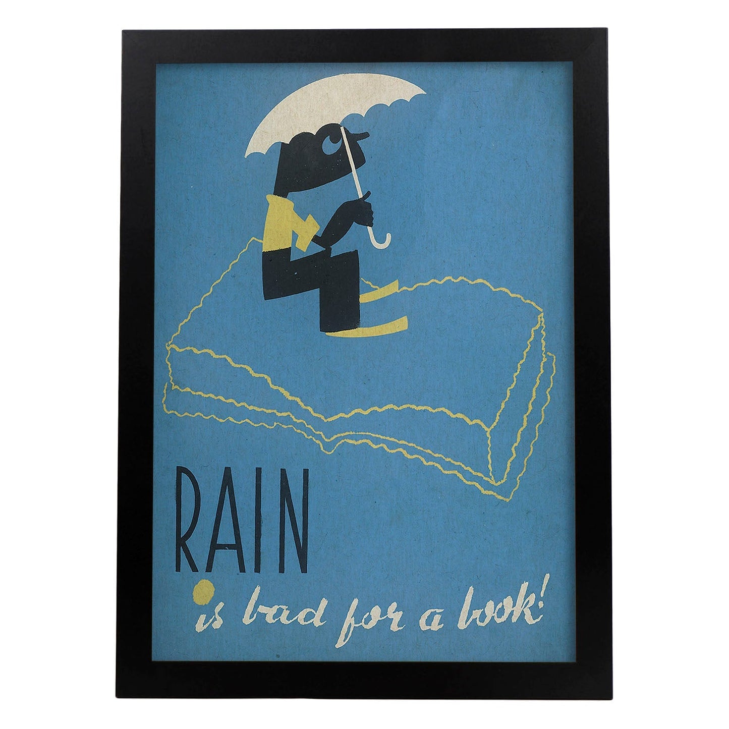 Poster vintage. Cartel de biblioteca "cuida los libros" La lluvia estropea los libros.-Artwork-Nacnic-A3-Marco Negro-Nacnic Estudio SL