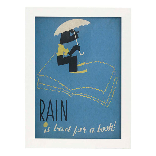 Poster vintage. Cartel de biblioteca "cuida los libros" La lluvia estropea los libros.-Artwork-Nacnic-A4-Marco Blanco-Nacnic Estudio SL