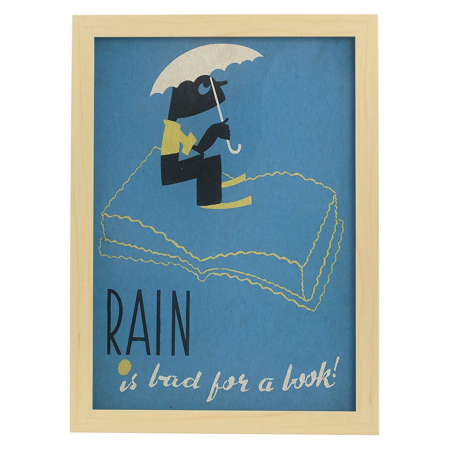 Poster vintage. Cartel de biblioteca "cuida los libros" La lluvia estropea los libros.-Artwork-Nacnic-A4-Marco Madera clara-Nacnic Estudio SL