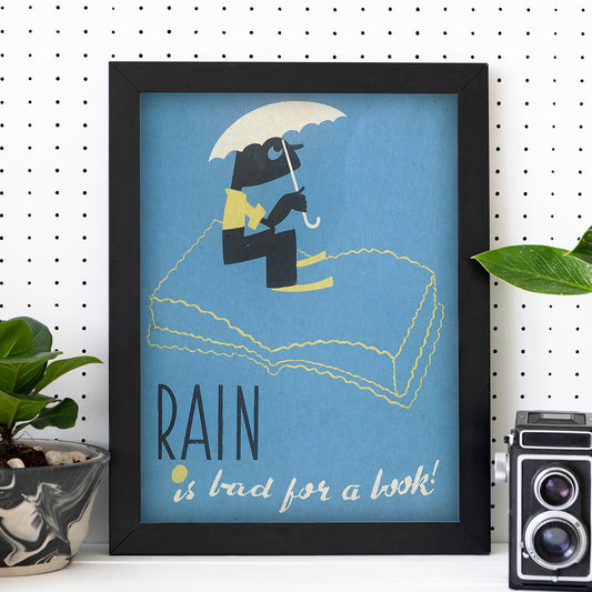 Poster vintage. Cartel de biblioteca "cuida los libros" La lluvia estropea los libros.-Artwork-Nacnic-Nacnic Estudio SL