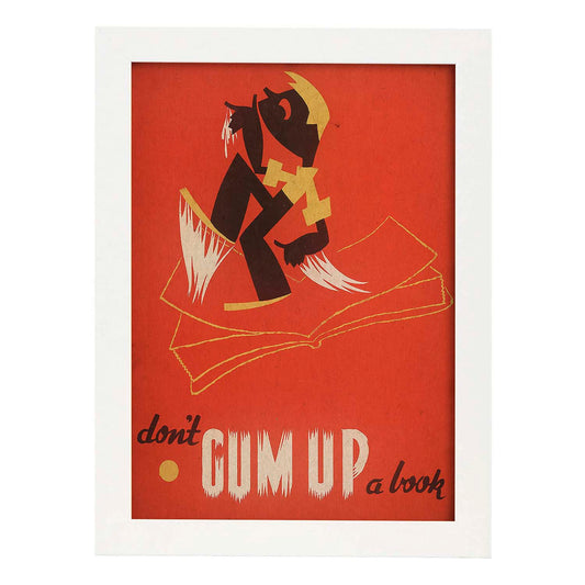 Poster vintage. Cartel de biblioteca "cuida los libros" No pegues chiles.-Artwork-Nacnic-A4-Marco Blanco-Nacnic Estudio SL