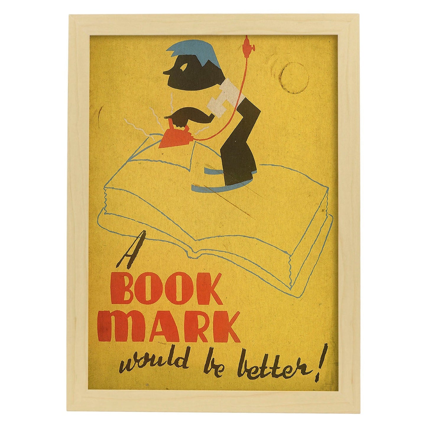 Poster vintage. Cartel de biblioteca "cuida los libros" Usa marcapaginas.-Artwork-Nacnic-A3-Marco Madera clara-Nacnic Estudio SL