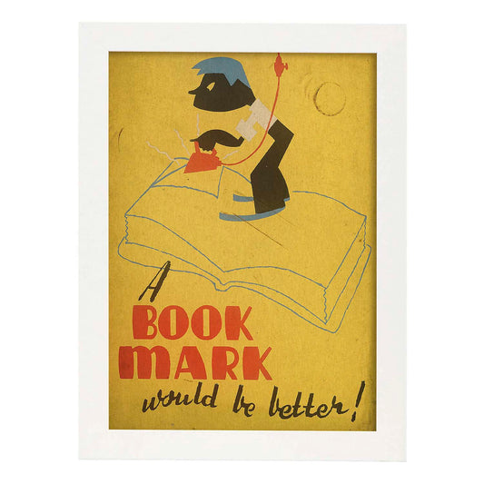 Poster vintage. Cartel de biblioteca "cuida los libros" Usa marcapaginas.-Artwork-Nacnic-A4-Marco Blanco-Nacnic Estudio SL