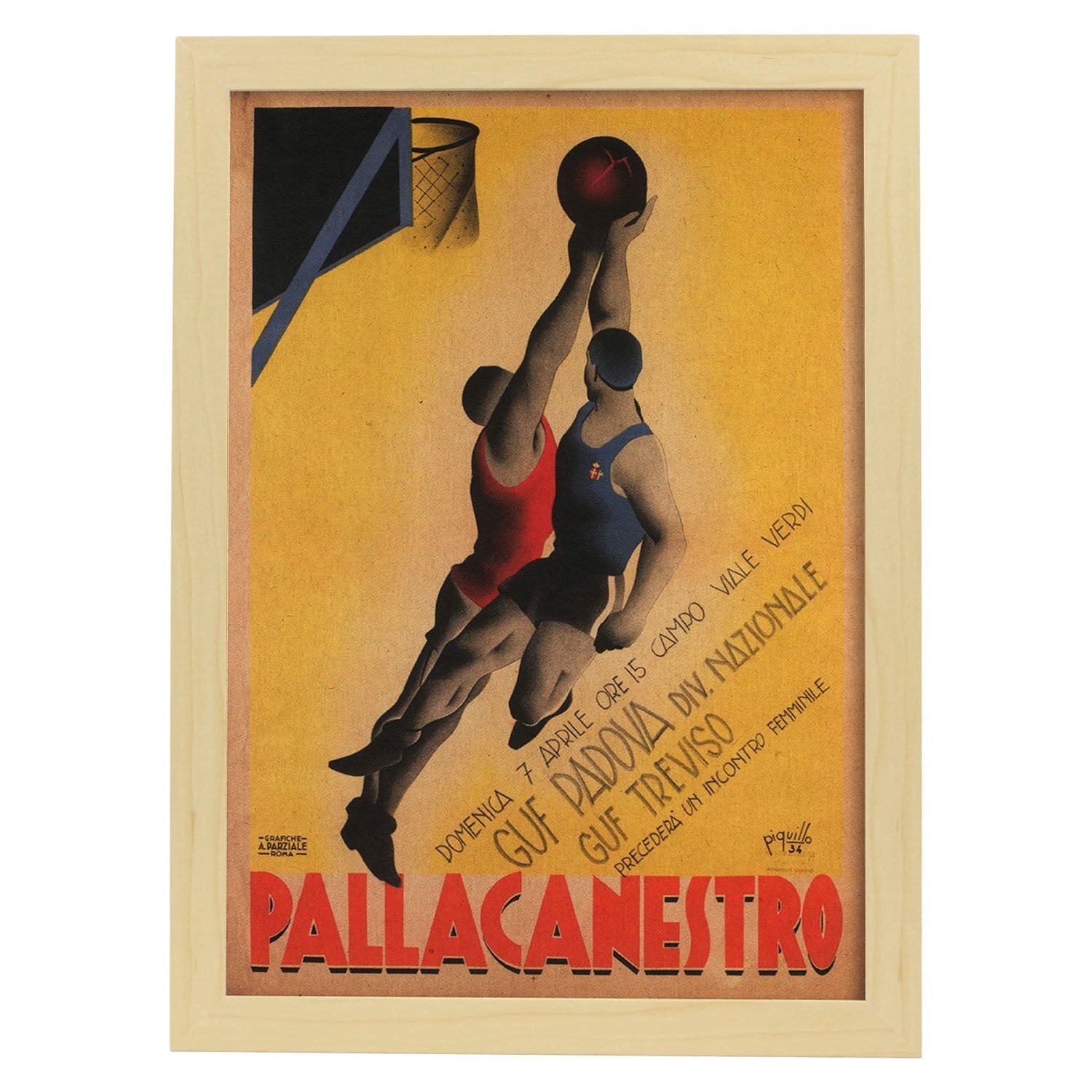 Poster vintage. Cartel vintage anunciador de campeonato de baloncesto en Italia.-Artwork-Nacnic-A3-Marco Madera clara-Nacnic Estudio SL