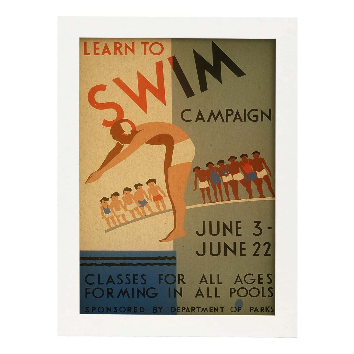 Poster vintage. Cartel vintage "Campaña para aprender a nadar".-Artwork-Nacnic-A3-Marco Blanco-Nacnic Estudio SL