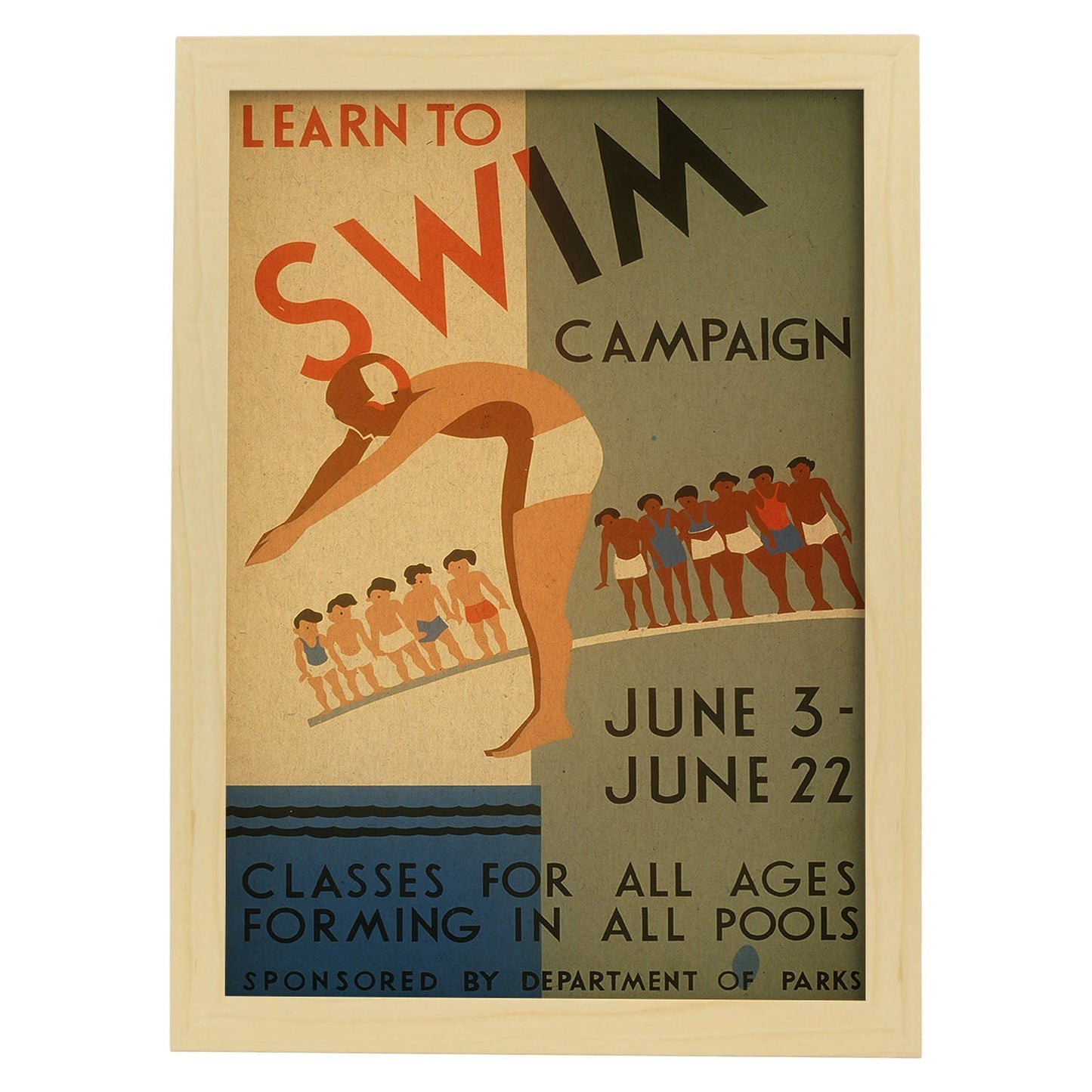 Poster vintage. Cartel vintage "Campaña para aprender a nadar".-Artwork-Nacnic-A3-Marco Madera clara-Nacnic Estudio SL