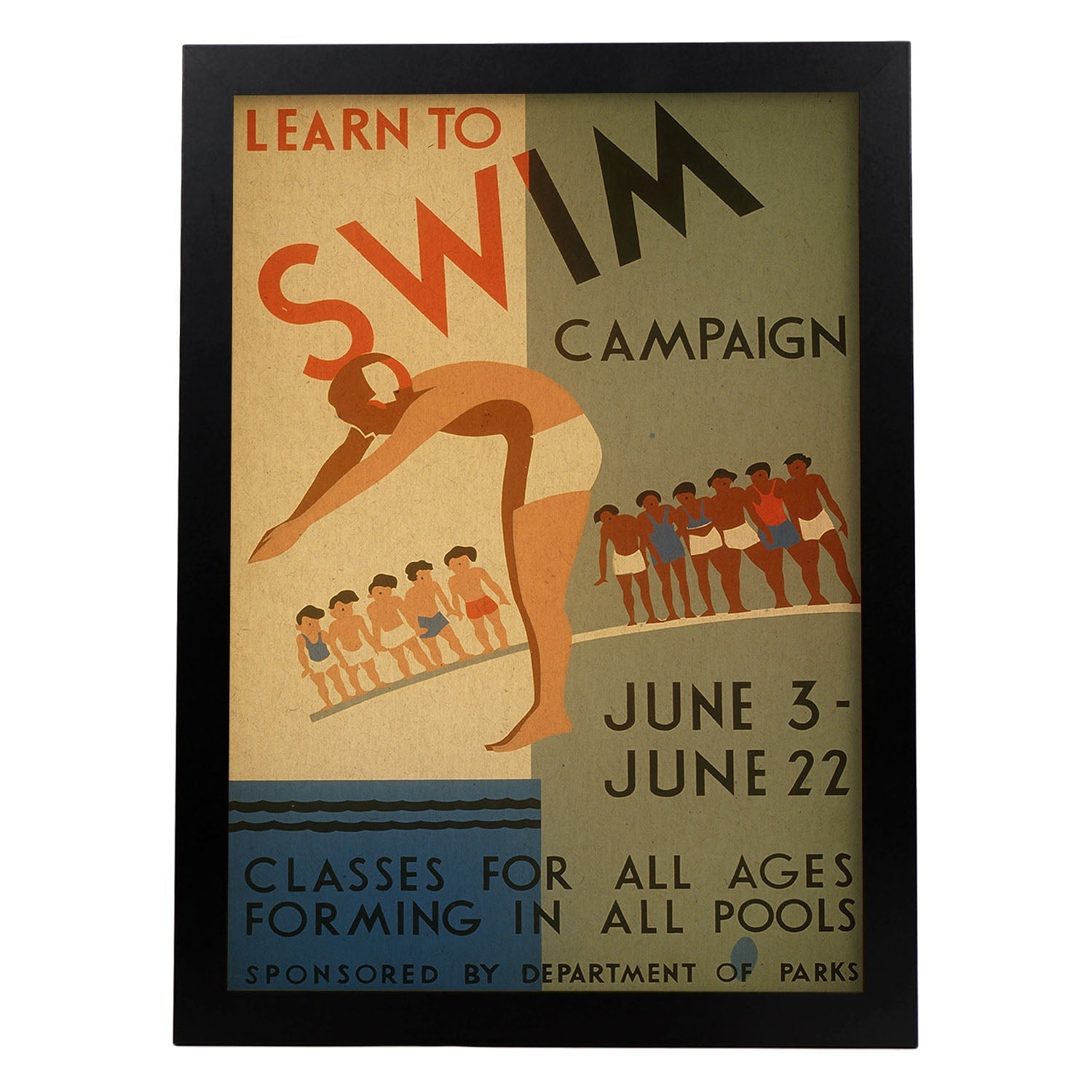 Poster vintage. Cartel vintage "Campaña para aprender a nadar".-Artwork-Nacnic-A3-Marco Negro-Nacnic Estudio SL