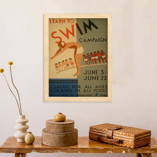 Poster vintage. Cartel vintage "Campaña para aprender a nadar".-Artwork-Nacnic-Nacnic Estudio SL
