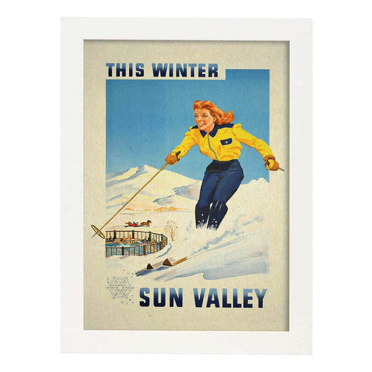 Poster Vintage. Cartel Vintage de América. Nieve en el Valle del Sol.-Artwork-Nacnic-A4-Marco Blanco-Nacnic Estudio SL