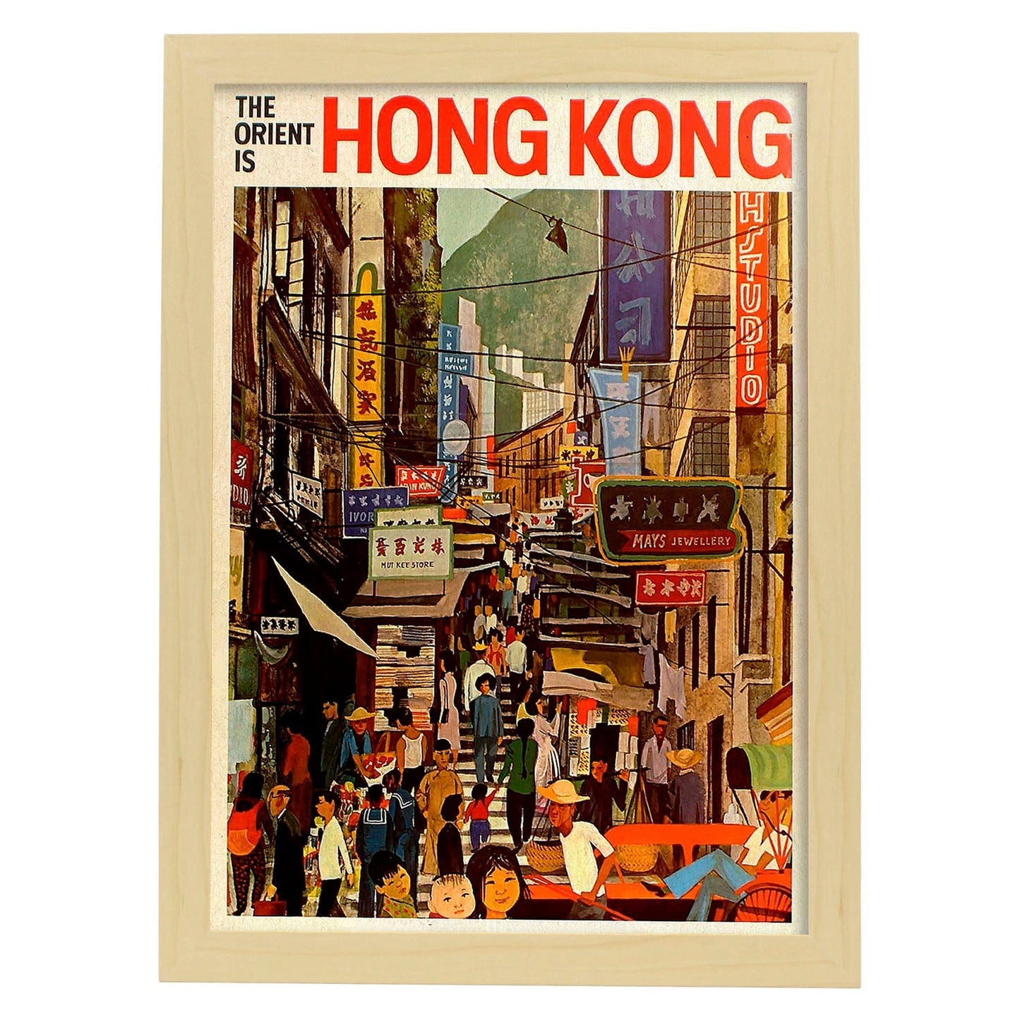 Poster vintage. Cartel vintage de Asia. Calle de Hong Kong.-Artwork-Nacnic-A3-Marco Madera clara-Nacnic Estudio SL