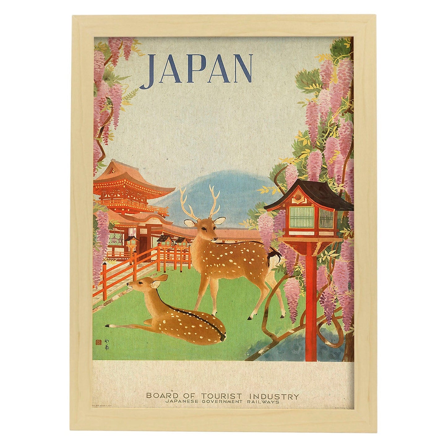 Poster vintage. Cartel vintage de Asia. Ciervos de Japón.-Artwork-Nacnic-A3-Marco Madera clara-Nacnic Estudio SL